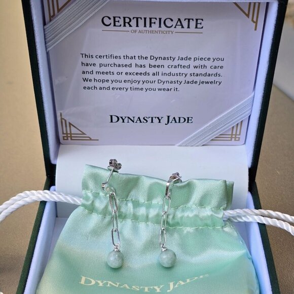 Dynasty ✦ Certified Jade Swirl Drops ✦ 925 Silver Marquise Earrings Green NWT - Picture 9 of 12